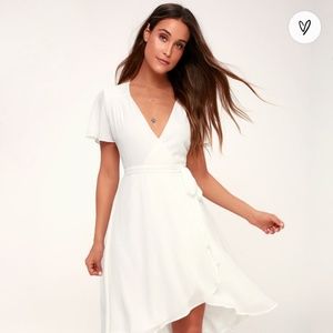 Rise to the occasion White midi wrap dress (Lulus)